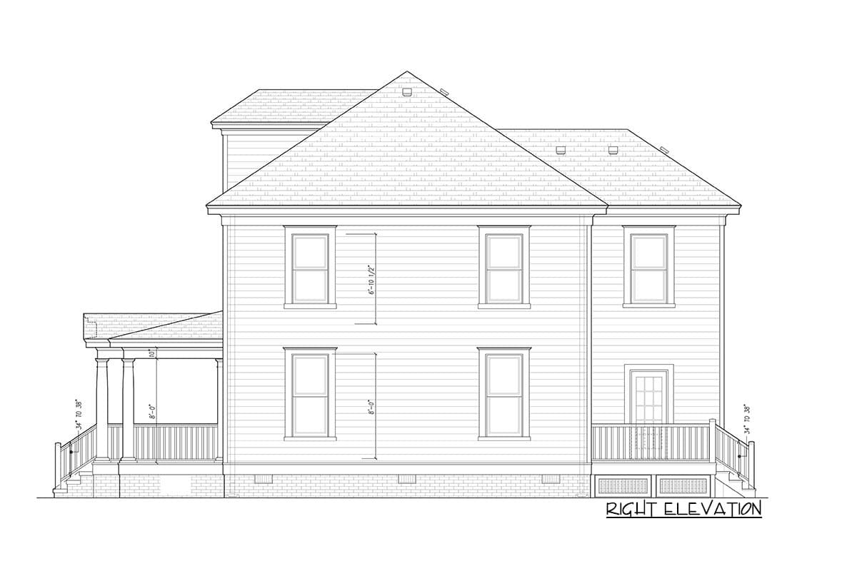 Right elevation house plan showing a two-story home with a covered porch, multiple windows, and gabled rooflines.