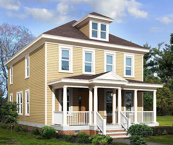 Two-story house plan exterior with siding, a prominent covered front porch with columns, and a dormer window.