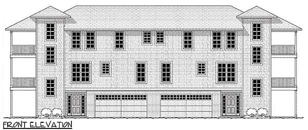 Front elevation drawing of a three-story house plan with double garage doors, multiple windows, and balconies on the side.