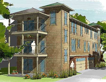House plan exterior of a three-story building with balconies, shake siding, multiple windows, and a garage.