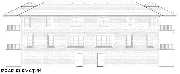 Rear elevation drawing of a two-story house plan with double doors and balconies on each side.