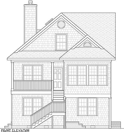 Front elevation house plan with shingle siding, a prominent chimney, a dormer window, and a covered porch with stairs.
