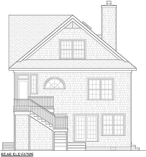 Rear elevation drawing of a house with a gable roof, dormer window, chimney, and exterior staircase to a deck.