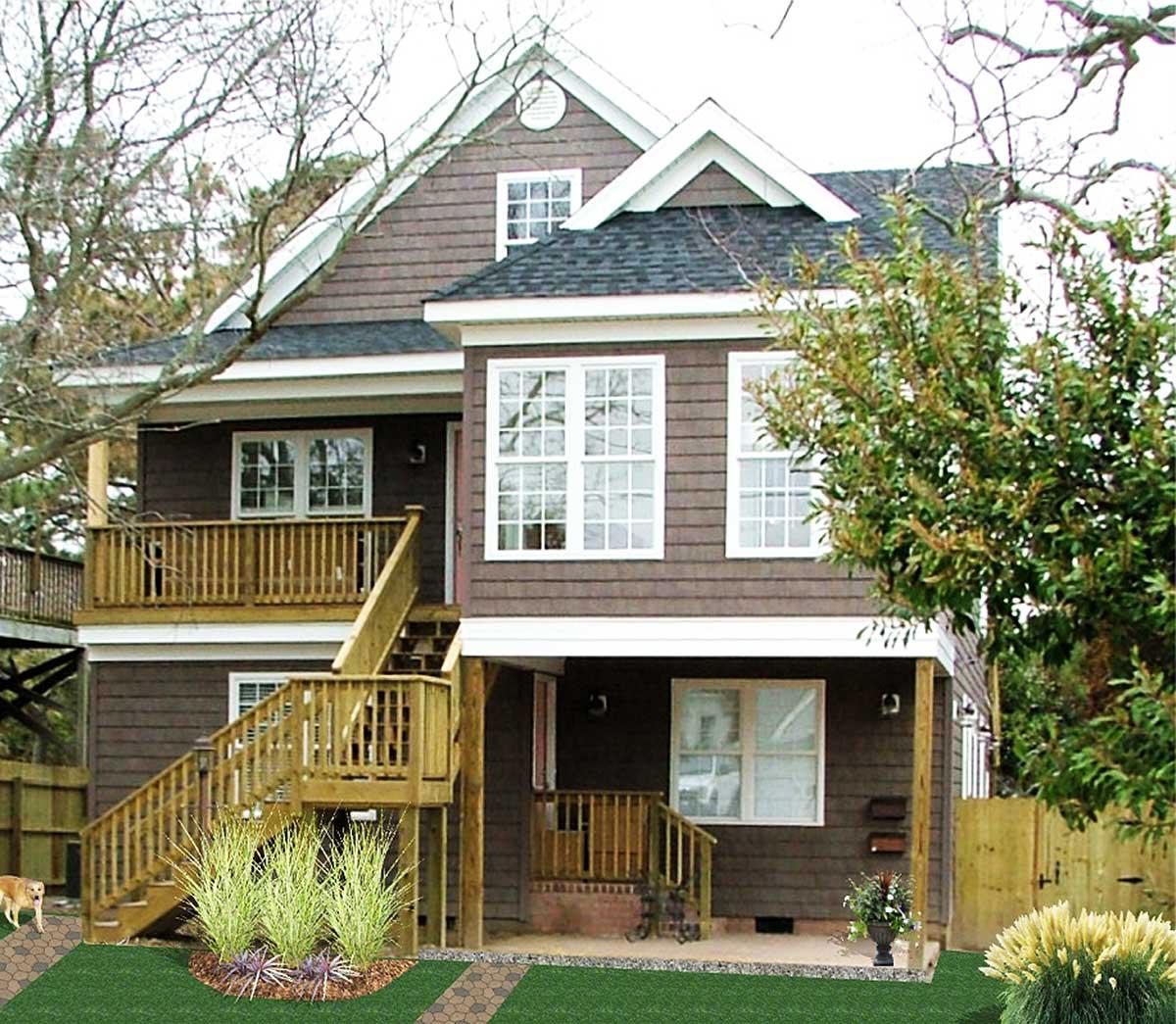 House plan exterior with multiple gables, dormers, and extensive wooden decks with stairs.