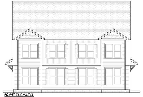 Front elevation drawing of a two-story house with gables, symmetrically placed windows, and horizontal siding.