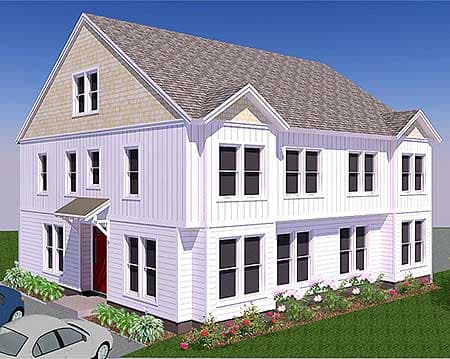 House plan exterior: two-story Modern Farmhouse with prominent gables, board and batten siding, and a covered front entrance.