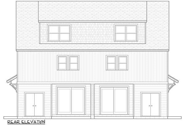 Rear elevation drawing of a two-story house plan with dormer windows, vertical siding, and glass doors.