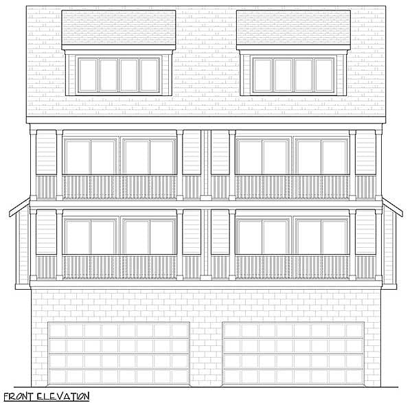 Front elevation drawing of a house plan with two garage doors, three stories, and balconies on the upper two levels.
