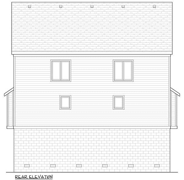 Rear elevation of a two-story house plan, featuring a shingled roof, vinyl siding, and a brick foundation with vents.