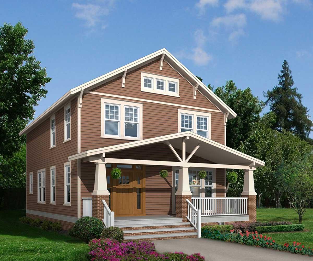 Craftsman style house plan exterior, two stories, with a wide covered porch, gables, and multiple windows.