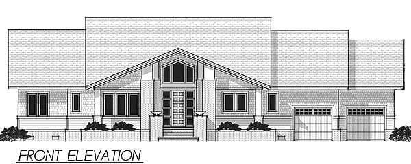Front elevation drawing of a single-story house plan with a prominent gable, dual garage doors, and multiple windows.