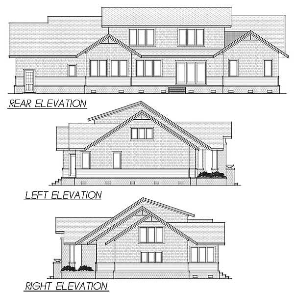 Architectural drawing showing rear, left, and right elevations of a two-story house plan with gables and varied rooflines.