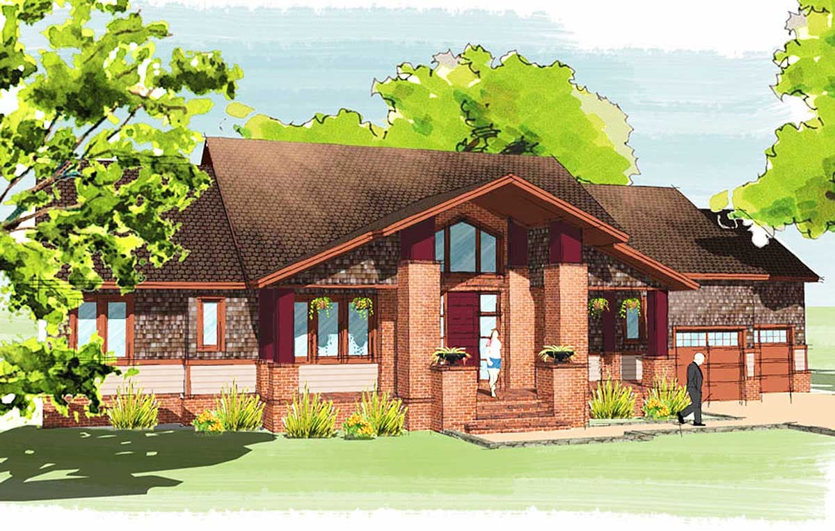 House plan exterior. Craftsman style with brick and shingle siding. Features include a front porch, gables, and an attached two-car garage.