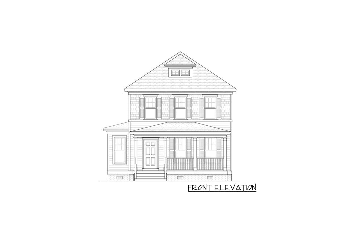 Front elevation of a two-story house plan with a covered porch, double-hung windows, and a dormer.