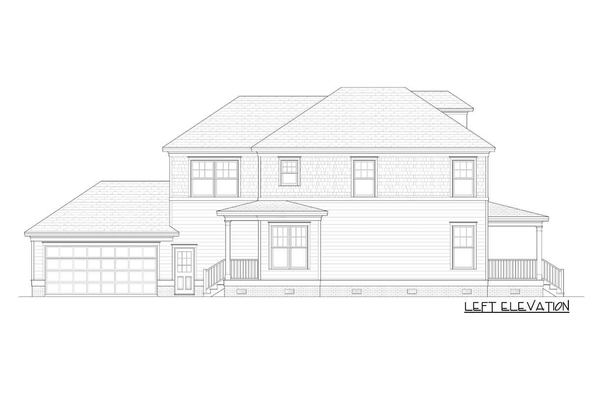 Left elevation house plan showing a two-story home with a garage, entrance porch, and varied rooflines.