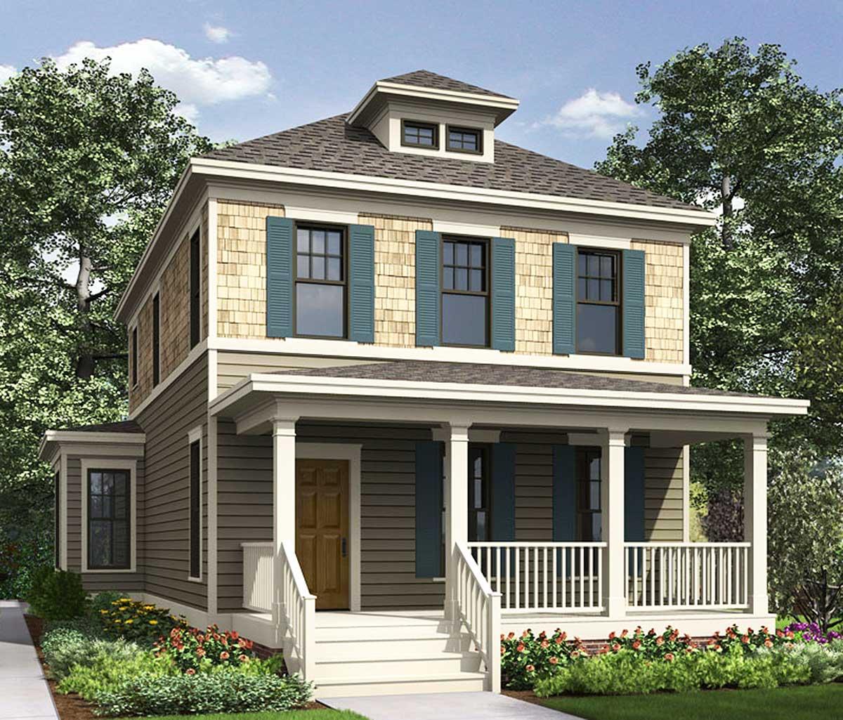 House plan exterior of a two-story home with a wrap-around porch, dormer window, and shingle siding.