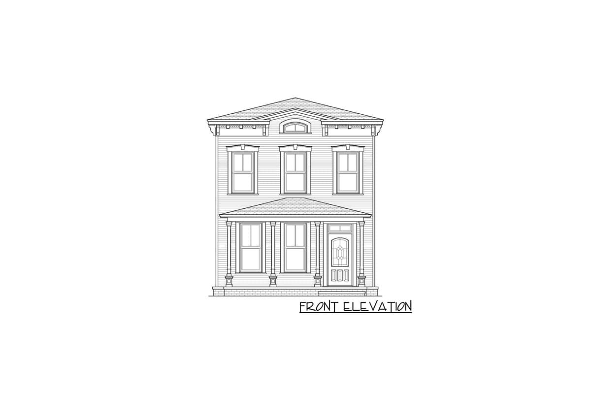 Front elevation drawing of a two-story house with a covered front porch, arched dormer, and symmetrical window placement.
