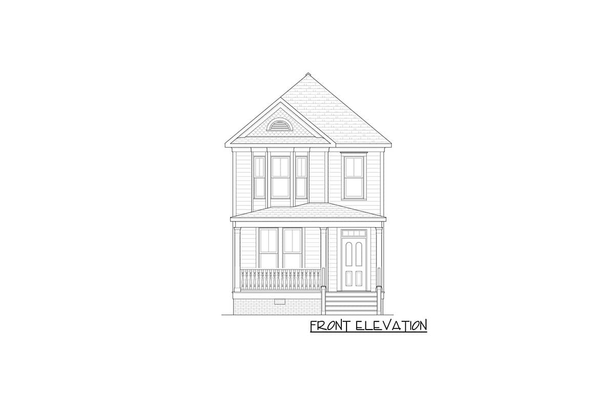 Front elevation drawing of a two-story house plan featuring a gabled roof, covered porch, and decorative gable vent.