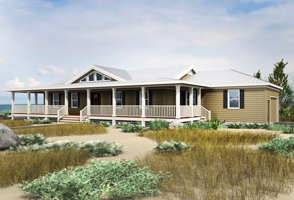 House plan exterior, one-story ranch with wraparound porch, gabled dormers, and attached garage.