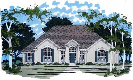 House plan exterior of one-story home with central gable, arched windows, and covered entry.
