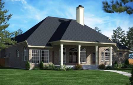 House plan exterior: One-story brick home with a wide covered porch, columned entrance, arched windows, and a prominent chimney.