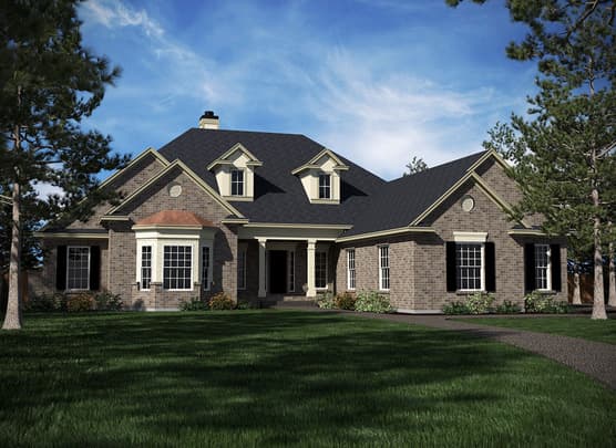 House plan exterior: Brick home with portico, bay window, dormers, and gabled rooflines.