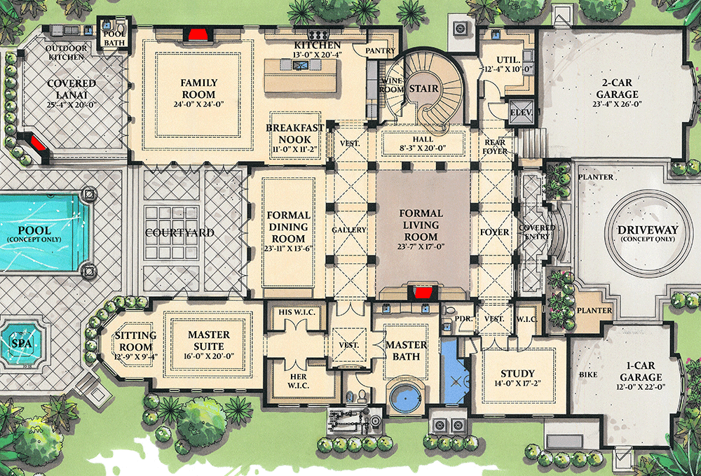 Plan 31804DN: World Class - Floor Plan - Main Level - European, Florida-Style, Mediterranean, Spanish