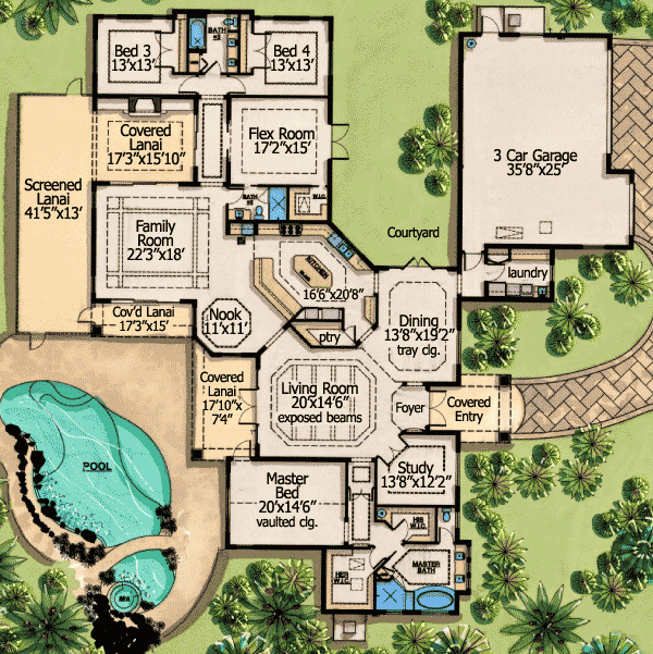 Plan 31805DN: One Level Florida House Plan with Courtyard Living Space - 4038 Sq Ft - Floor Plan - Main Level - European, Florida-Style, Mediterranean, Southwest, Spanish