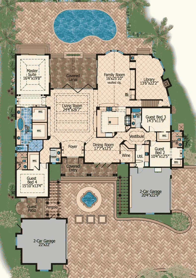 Plan 31806DN: Contemporary Mediterranean-Style House Plan with Bonus Room - 4730 Sq Ft - Floor Plan - Main Level - Coastal, European, Florida-Style, Mediterranean, Spanish