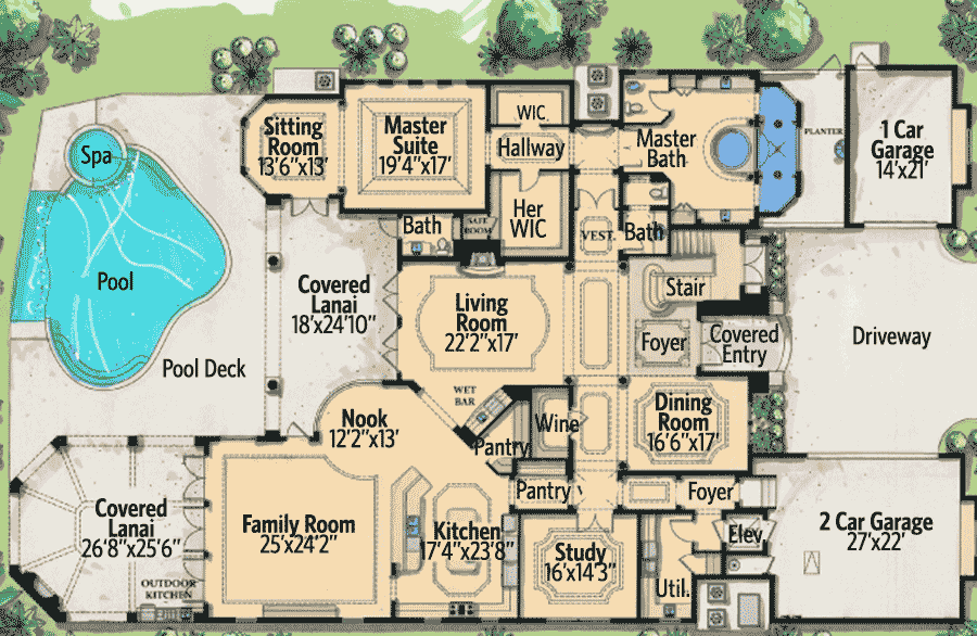 Plan 31807DN: Living in Grandeur - Floor Plan - Main Level - European, French Country, Mediterranean