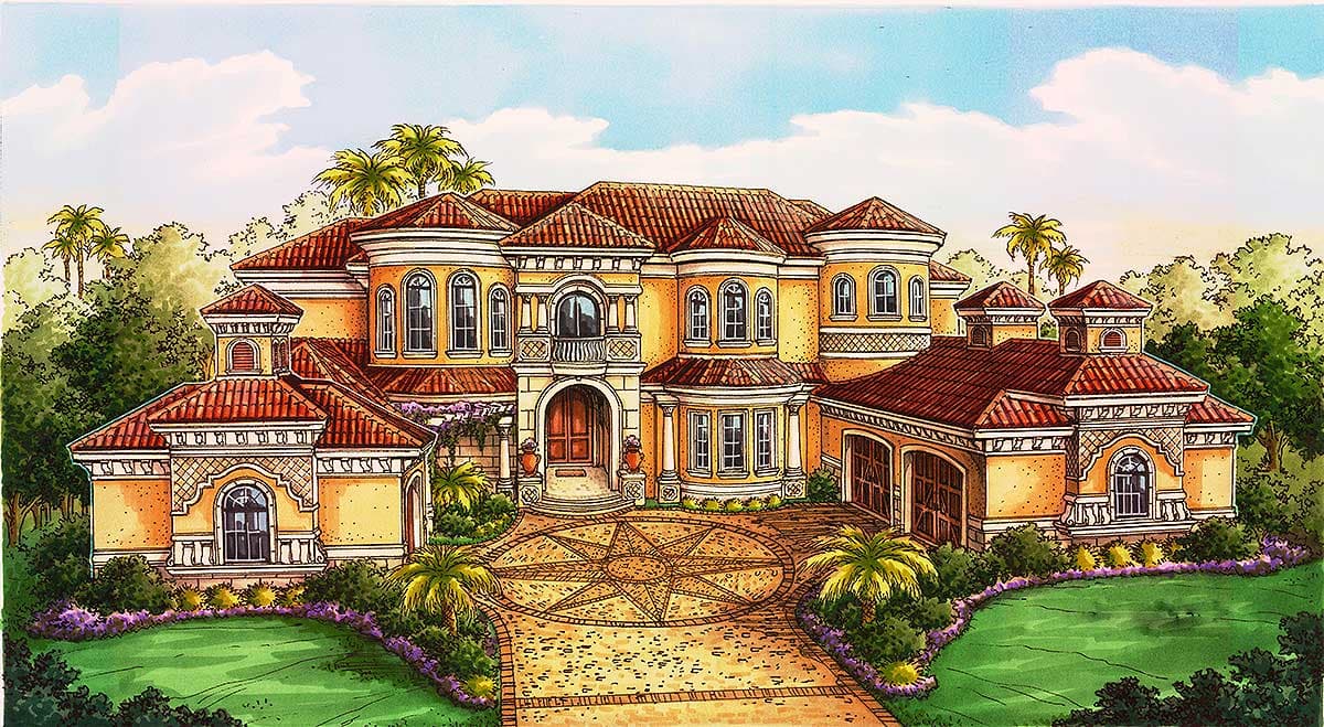 House plan exterior with Mediterranean style, multiple gables, arched windows, turrets, and a circular driveway with a star pattern.