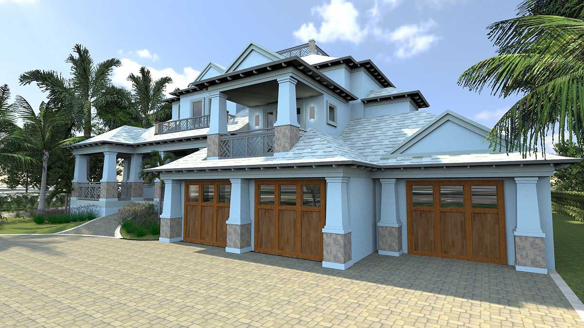 House plan exterior of a three-story home with a triple garage, covered porches, balcony, and gable rooflines.