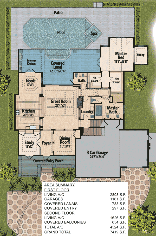 Plan 31819DN: 4 Bed Master Down Dream Home Plan - Floor Plan - Main Level - European, Florida-Style, New American, Southern