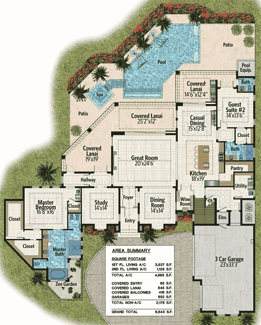 Plan 31820DN: Covered Lanai Down and Balconies Up - Floor Plan - Main Level - European, Florida-Style, Mediterranean, Southern