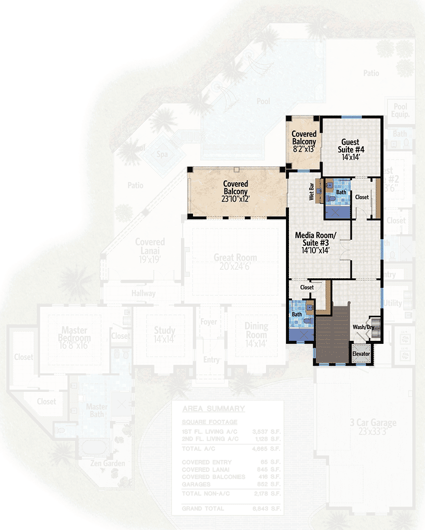 Plan 31820DN: Covered Lanai Down and Balconies Up - Floor Plan - 2nd Floor - European, Florida-Style, Mediterranean, Southern