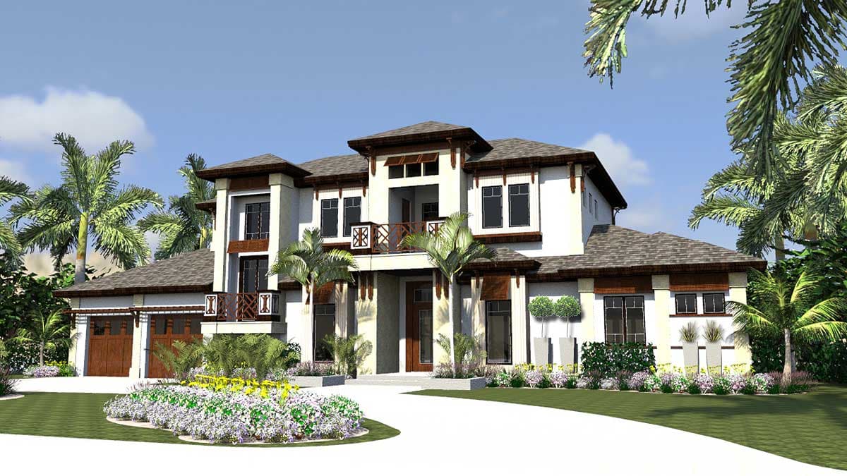 House plan exterior: two-story Mediterranean style with a three-car garage, second-story balcony, and hip roof.
