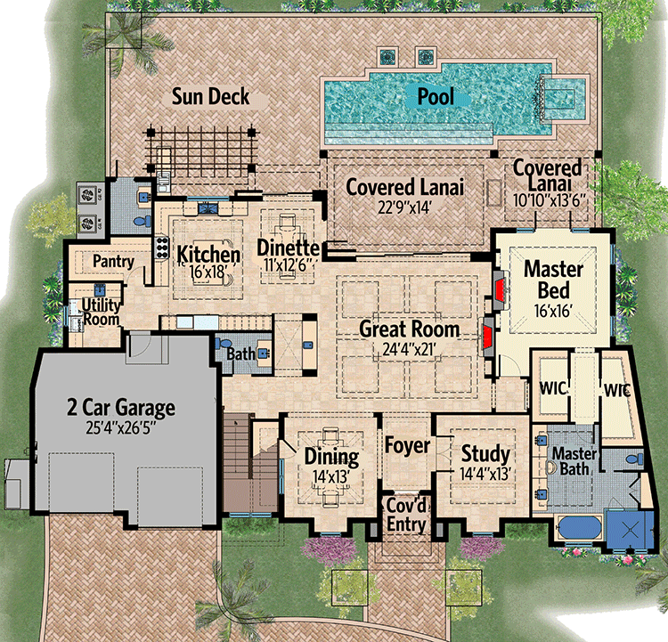 Plan 31821DN: Lap Of Luxury Inside And Out - Floor Plan - Main Level - European, Florida-Style, Mediterranean, Southern