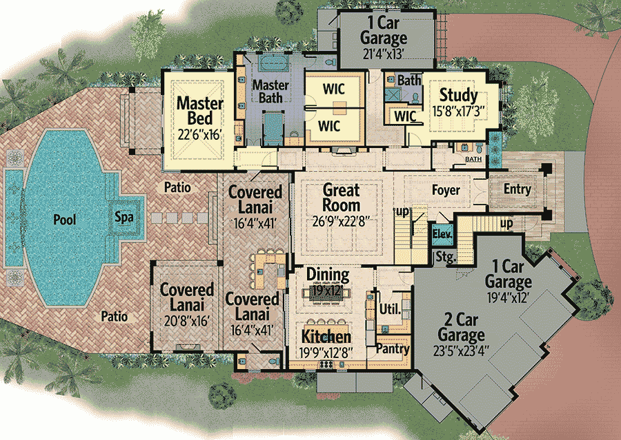 Plan 31822DN: Luxury House Plan with Four Second Floor Balconies - 6001 Sq Ft - Floor Plan - Main Level - Contemporary, Florida-Style, Southern