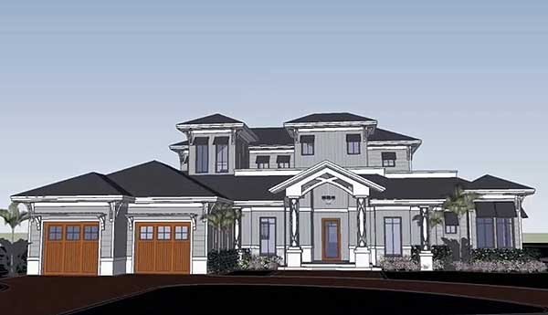 House plan exterior: Modern style, two-story, with a triple garage, covered entry, and multiple gables.