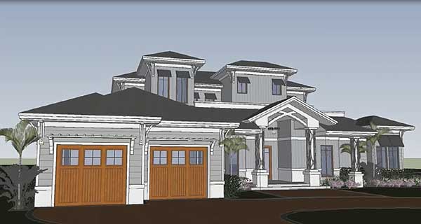 House plan exterior: Modern style with a complex roofline, multiple gables, dual two-car garages, and a covered entryway.