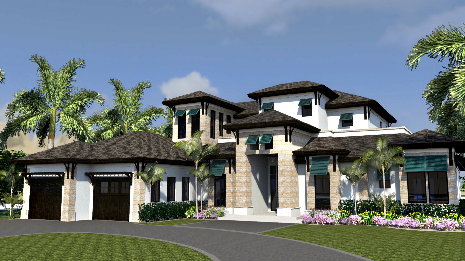 House plan exterior: Modern design with stacked stone accents, multiple gables, hip roofs, and a three-car garage.