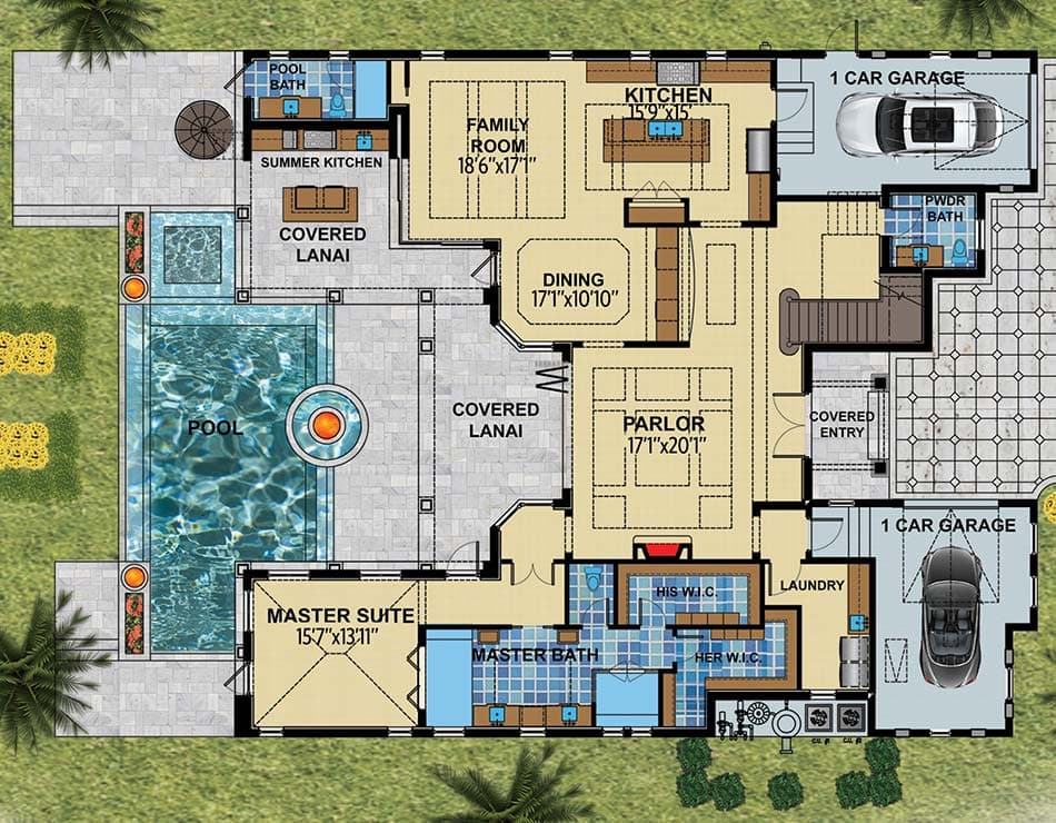 Plan 31824DN: Stunning and Spacious Beach House Plan - Floor Plan - Main Level - Coastal, European, Florida-Style, Southern, Transitional
