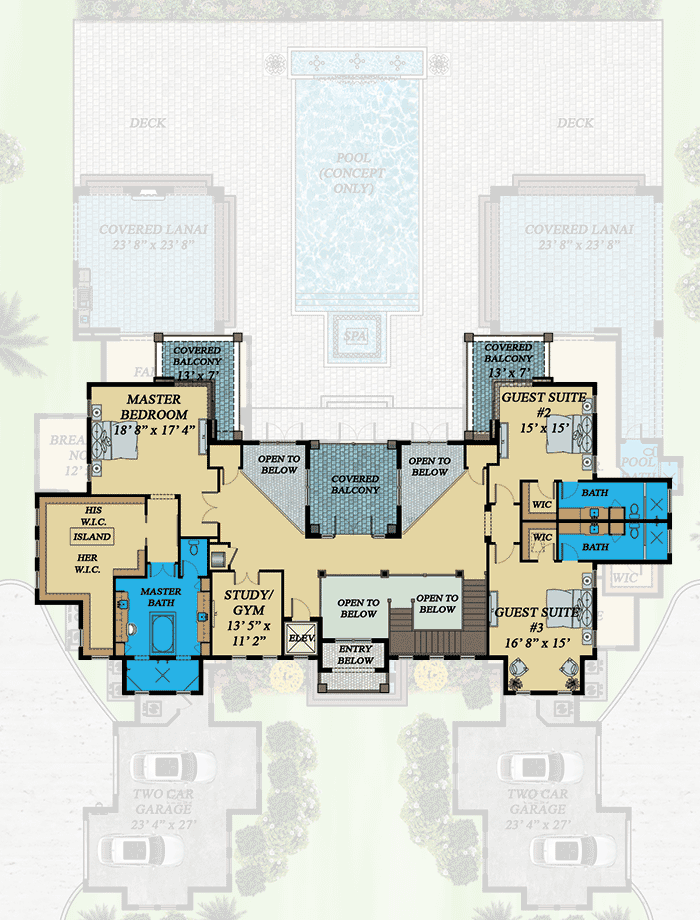 Plan 31825DN: Transitonal House Plan with Entertaining Main Floor and Bedrooms Upstairs - 7117 Sq Ft - Floor Plan - 2nd Floor - Florida-Style, Mediterranean, Transitional