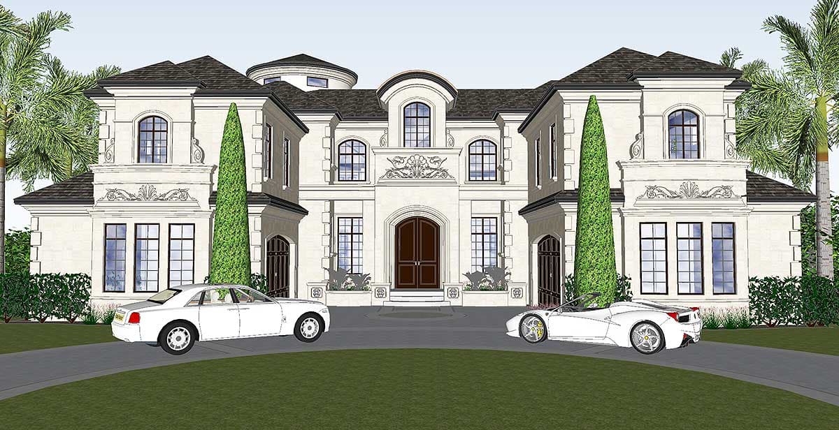 House plan exterior: Two-story symmetrical facade with arched windows, central pediment, and hip roofs.