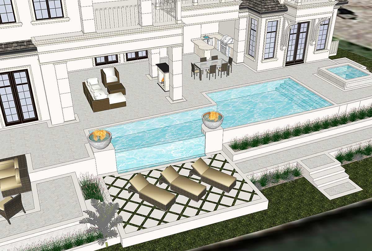 House plan exterior with courtyard, swimming pool, spa, outdoor kitchen, fireplace, and seating areas.