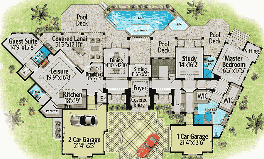 Plan 31830DN: Florida House Plan with Third Floor Tower - Floor Plan - Main Level - Florida-Style, Mediterranean