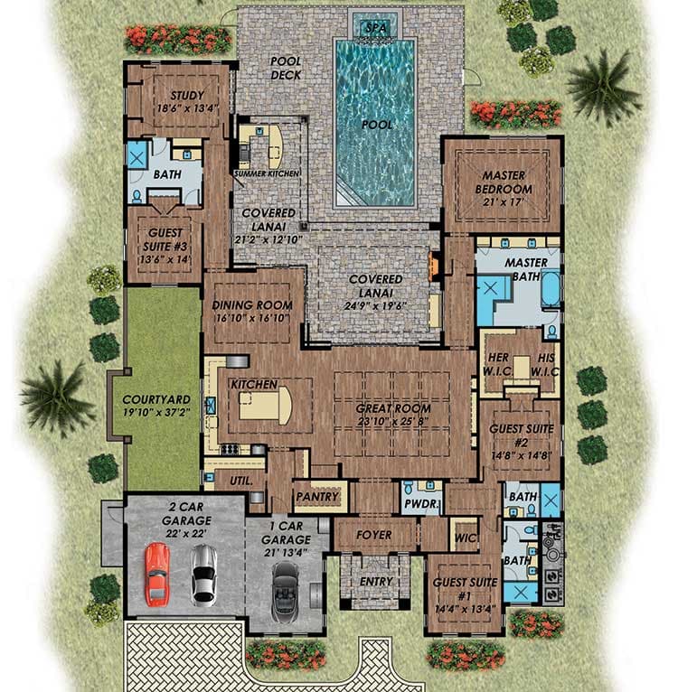 Plan 31833DN: One-Story Florida House Plan with Outdoor Space - 4467 Sq Ft - Floor Plan - Main Level - Florida-Style, Southern, Transitional