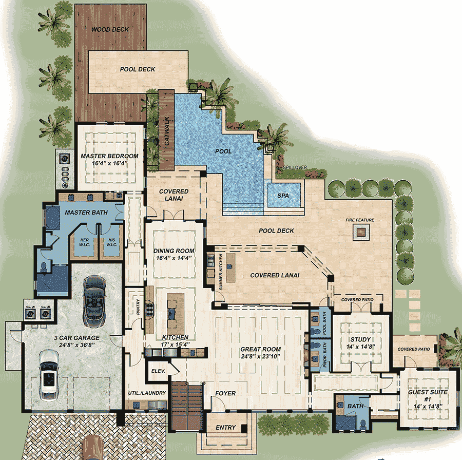 Plan 31836DN: Modern Masterpiece - Floor Plan - Main Level - European, Florida-Style, Mediterranean, Mid Century Modern, Modern