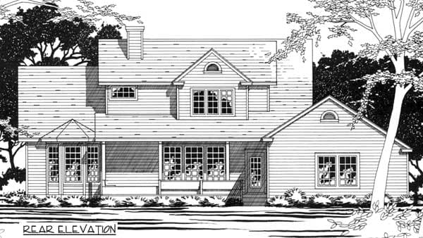 Rear elevation drawing of a two-story house plan with multiple gables, a covered porch, and various window styles.