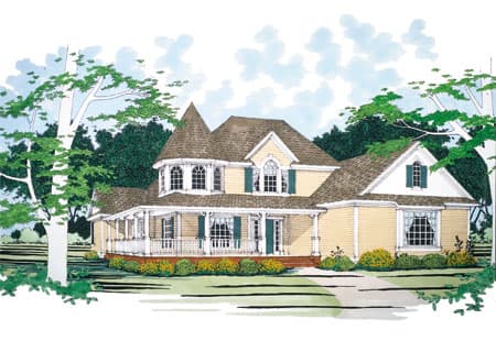 House plan exterior: two-story Victorian with wraparound porch, prominent gables, dormers, and turret.